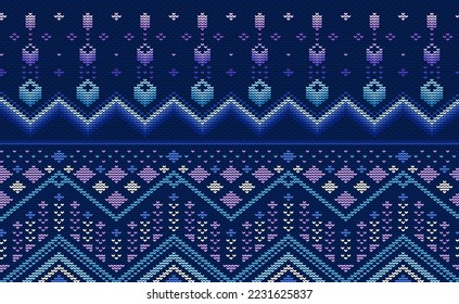 Knitted ethnic pattern, Vector cross stitch ornament background, Embroidery seamless geometry style, Blue and purple pattern ornamental thread, Design for textile, fabric, batik, curtain, pillows