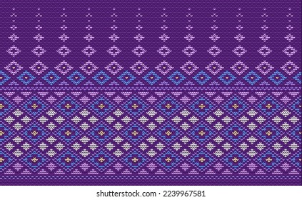 Knitted ethnic pattern, Vector cross stitch knitting background, Embroidery decorative square style, Purple and white pattern oriental thread, Design for textile, fabric, carpet, print, tapestries