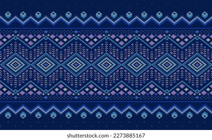 Knitted ethnic pattern, Vector cross stitch geometric background, Embroidery abstract beautiful style, Blue and purple pattern ethnic thread, Design for textile, fabric, batik, digital print,