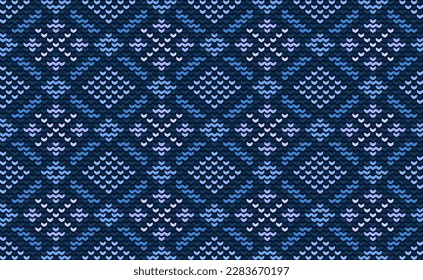 Knitted ethnic pattern, Vector cross stitch geometric background, Embroidery abstract beautiful style, Blue pattern template motif, Design for textile, fabric, batik, tile, aprons