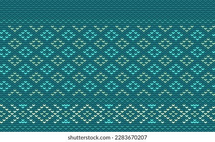 Knitted ethnic pattern, Vector cross stitch tribal background, Embroidery classic ornament style, Green pattern jacquard retro, Design for textile, fabric, curtain, kaftan, graphic