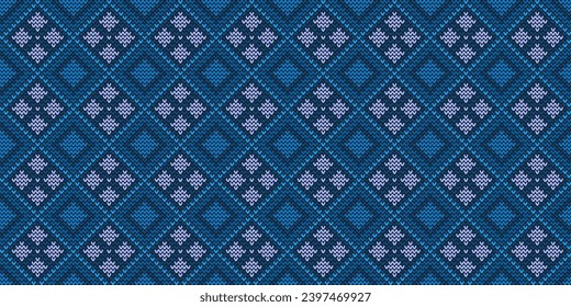 Knitted ethnic pattern, Vector cross stitch knitting background, Embroidery handcraft Navajo style, Blue pattern ethnic line, Design for textile, fabric, art, wrapping, blankets