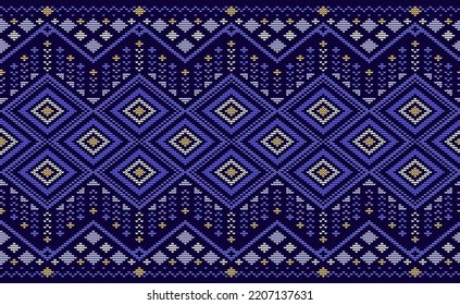 Knitted ethnic pattern, Vector embroidery crochet background, Cross stitch repetitive geometry style, Purple and yellow pattern ikat element, Design for textile, batik, wrapping, mugs