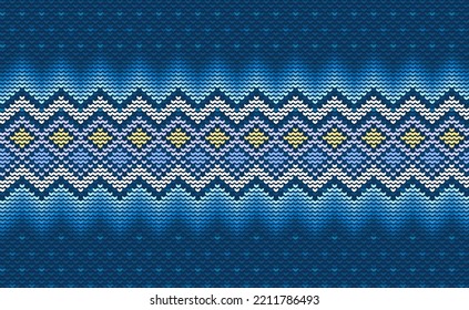 Knitted ethnic pattern, Vector embroidery triangle background, Cross stitch vintage antique style, Blue pattern geometric decoration, Design for textile, fabric, ceramic, curtain, pillows