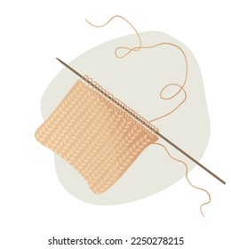 Knitted fabric with knitting needles. Knitting hobby. Cozy winter. Isolated vector illustration for poster, banner, cover, card.
