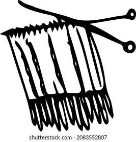 Knitted Fabric With Knitting Needles. Sketch, Doodle, Black And White Vector Illustration Drawn By Hand.