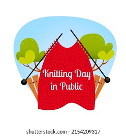 Knitted fabric on the needles on park background. Knitting day in public. World wide knite in public day. Isolated vector illustrations.