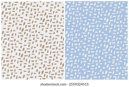 Knitted Fabric Texture. Seamless Vector Pattern with Irregular Spots Isolated On A Pastel Blue and Ivory Background. Endless Print with Hand Drawn Brush Spots. Messy Pattern with Short Stripes. RGB.