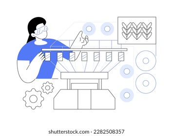 Knitted fabrics abstract concept vector illustration. Factory worker deals with knitting machines, tricot clothing, light industry, textile manufacturing, knitwear sector abstract metaphor.