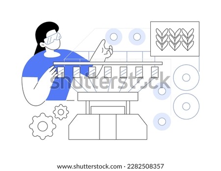 Knitted fabrics abstract concept vector illustration. Factory worker deals with knitting machines, tricot clothing, light industry, textile manufacturing, knitwear sector abstract metaphor.