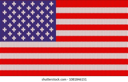 Knitted Flag Of The United States of America. Original and Modern vector ornament, woolen texture, banner of USA. Flat standard, Stars and Stripes design element for sites. Vector illustration
