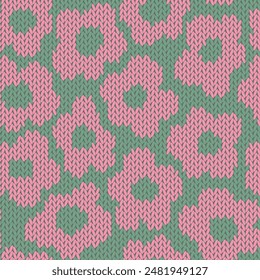 Knitted floral seamless pattern. Fabric imitation vector background. Flat style knit wallpaper with botanical print. Cute design for gift wrap, paper, textile