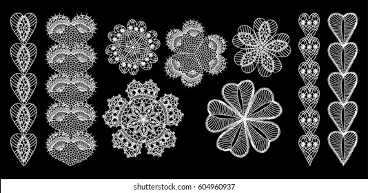 Knitted flower, crochet doily, black and white pattern in the style of Bohemian chic, ethnic ornament to decorate clothing, lace flower hearts
