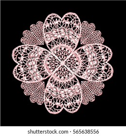 Knitted flower mandala, crochet doily, black and white pattern in the style of boho chic, ethnic ornament to decorate clothing, lace flower hearts