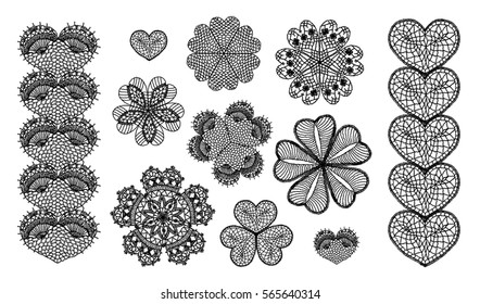 Knitted flower mandala, crochet doily, black and white pattern in the style of boho chic, ethnic ornament to decorate clothing, lace flower hearts