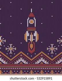 Knitted flying up rocket seamless vintage pattern. Ornament is included in swatches panel.