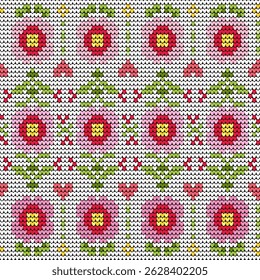 Knitted Folk Floral Pattern Pink Blooms on White Background