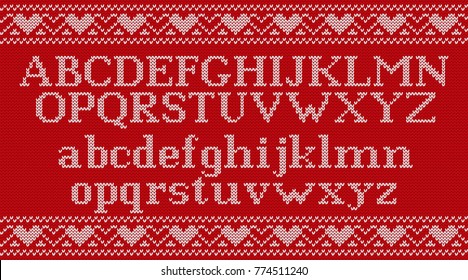 Knitted Font. Christmas Knit Latin Alphabet On Seamless Pattern. Nordic Fair Isle Knitting Background. Sweater Xmas Valentine Winter Design With Heats. Vector Graphics.