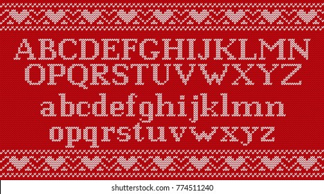 Knitted font. Christmas knit Latin alphabet on seamless pattern. Nordic Fair Isle knitting background. Sweater Xmas Valentine winter design with heats. Vector graphics.