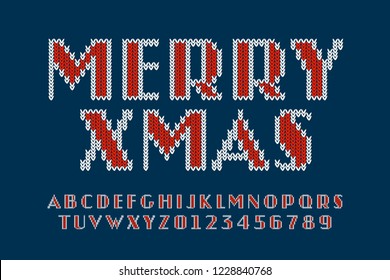 Knitted Font, Christmas Latin Alphabet Letters And Numbers Vector Illustration