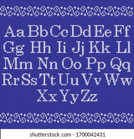 Knitted font on blue background. Christmas knit alphabet on seamless pattern. Nordic Fair Isle knitting border. Sweater Christmas winter design.  
