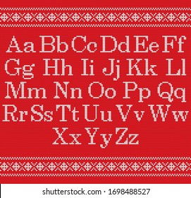 Knitted font on red background. Christmas knit alphabet on seamless pattern. Nordic Fair Isle knitting border. Sweater Christmas winter design. Handicraft letter for sweater, knitting norway textile.
