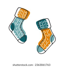 Knitted funny colorful socks isolated on white. Line drawn warm clothes. Doodle seasonal design element. Autumn winter accesories