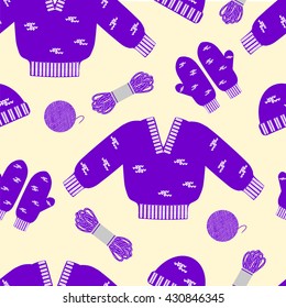 Knitted garments and yarn. Needlework. Seamless background. Vector illustration.