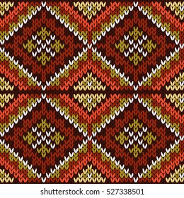 Knitted geometric motley background in warm colors and in white, seamless knitting vector pattern as a fabric texture