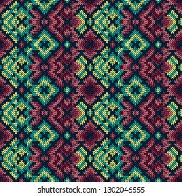 Knitted geometric ornamental pattern in the red, turquoise and yellow hues, seamless vector as a fabric texture