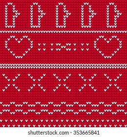 Knitted geometric seamless pattern with hearts. Vector EPS 10.