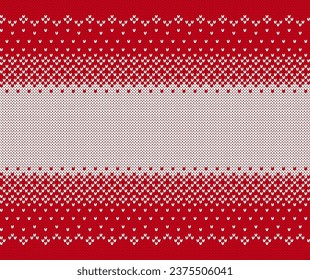 Knitted geometrical ornament. Xmas print border. Red and white Christmas seamless pattern. Fair isle traditional holiday background. Festive sweater. Vector illustration.