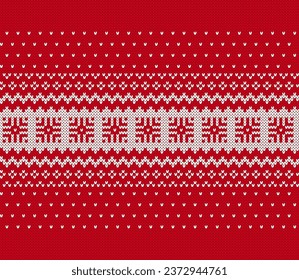 Knitted geometrical pattern. Red Christmas seamless ornament. Xmas print border. Fair isle traditional holiday background. Festive sweater. Vector illustration.