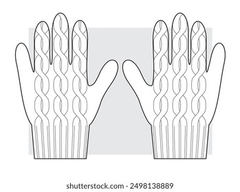 Guantes de punto con trenzas. Boceto técnico. Ilustración vectorial.