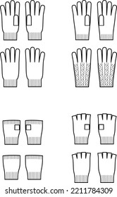 Knitted gloves set flat sketch. Winter knit accessories apparel design. Front and back. CAD mockup. Technical drawing template. Vector illustration.