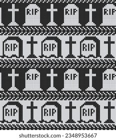 Knitted graves with crosses seamless pattern. Halloween vector illustration.