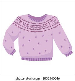 Knitted gray sweater with pattern, warm winter clothes drawn in cartoon style, knitted clothes, pullover vector illustration isolated on a white background
