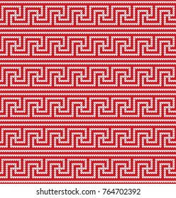 Knitted greek seamless pattern background. Red and white colors. Vector illustration.