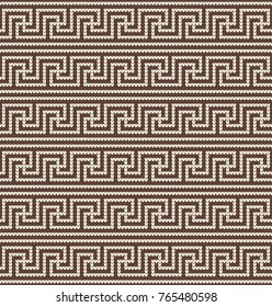 Knitted greek seamless pattern background. Brown and beige colors. Vector illustration.
