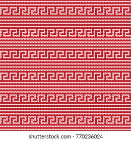 Knitted greek seamless pattern background. Red and white colors. Vector illustration.