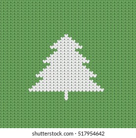 Knitted green Christmas pattern with Christmas tree, Christmas greeting card, seamless pattern