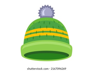 knitted green winter hat with bubo. winter clothes. flat vector illustration.