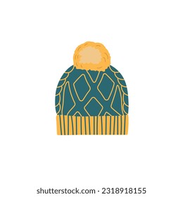 Sombrero de invierno verde de punto con bubo amarillo. Ropa de invierno. Ilustración vectorial plana.Fondo blanco	