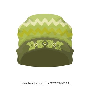 Knitted green wooly hat with ornament isolated. Winter clothes. Flat vector illustration.