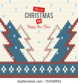 Knitted greeting card to mery Christmas and New Years. Knitted pattern with Christmas trees and congratulatory inscription.
