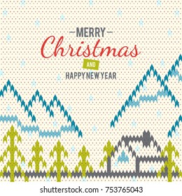 Knitted greeting card to mery Christmas and New Years. A knitted pattern with a natural landscape and a congratulatory inscription.
