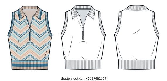 Knitted Half Zip Polo Sweater Vest Technical Fashion Illustration. Polo Shirt fashion flat technical drawing template, sleeveless, front and back view, white, women, men, unisex CAD mockup set.