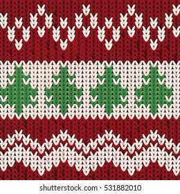 Knitted happiness pattern with xmas tree, vector illustration