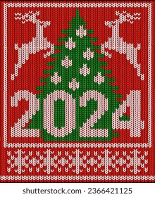 Knitted Happy new 2024 year card with  xmas tree and deers, vector illustration	