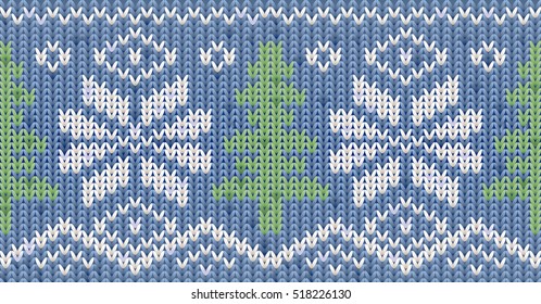 Knitted Happy New Year winter pattern with xmas tree, vector illustration